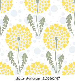 Seamless pattern with lovely heart shaped dandelions. Vector illustration.