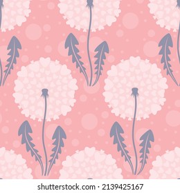 Seamless pattern with lovely heart shaped dandelions. Vector illustration.