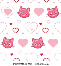 seamless pattern with lovely little cat face emoticons and red and pink hearts