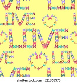 Seamless pattern lovely multicolored butterflies fly on yellow, vector illustration
