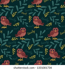 Seamless pattern with lovely owl. Hand-drawn.