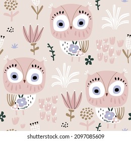 Seamless pattern with lovely pink owls. Childish owl birds and floral background. Ideal for fabrics, textiles, apparel, wallpaper.