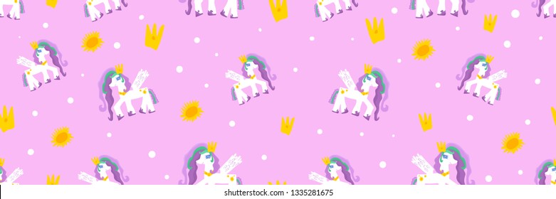 Seamless pattern with Lovely pony, cute hipster pink pattern for children's cloth with pony and crowns. Linear style children's hand drawing cartoon character pony with crowns and bright cartoon sun.