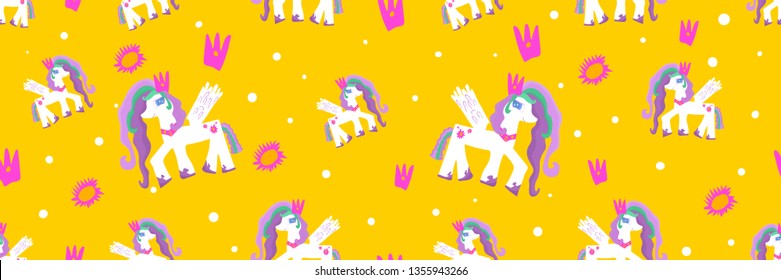 Seamless pattern with Lovely pony, cute hipster yellow pattern for children's cloth with pony and suns. Linear style, cartoon character pony with crowns and bright cartoon sun.