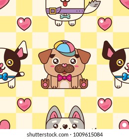 Seamless pattern. Lovely puppies of different breeds on a yellow checkered background with hearts. Funny dogs. Japanese style kawaii.
