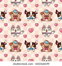 Seamless pattern. Lovely puppies of different breeds on a pink checkered background with hearts. Funny dogs. Greeting card for St. Valentine's Day.