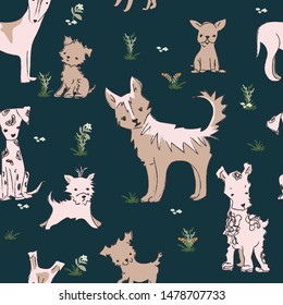Seamless pattern with lovely puppy and dog background, art for kids, Vector illustration for gift wrap and fabric design.