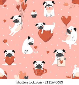 Seamless pattern with lovely puppy, vector animal background. Perfect for Valentine day cards, wrapping paper