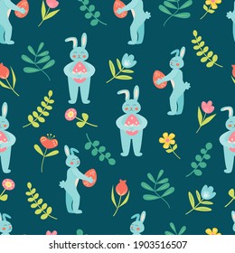 Seamless pattern with lovely rabbits, flowers and leaves. Can be used for wallpapers, pattern fills, web page backgrounds, textile. Flat vector illustration