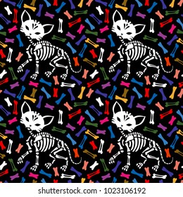 Seamless pattern. Lovely skeleton of a cat on a background from multi-colored bones. Can be used for t-short print, poster or card. Ideal for Halloween, the Day of the Dead and more.