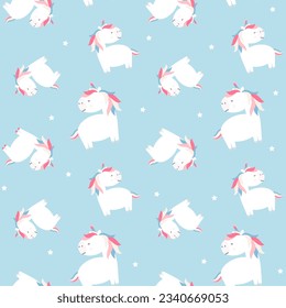 Seamless pattern lovely unicorn cartoon with stars. Perfect for Nursery kids, greeting card, baby shower girl and boy.