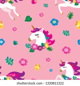 Seamless pattern. Lovely unicorns in wreaths of flowers. Portrait of a unicorn in a flower garden on a pink background.