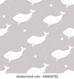Seamless pattern with lovely whales. Vector background