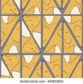Seamless pattern with lovely yellow foxes in triangle shape, drawn close to each other in geometric background. Vector illustration, good for kids wallpapers or wrapping paper. Hand drawn, fun, cute