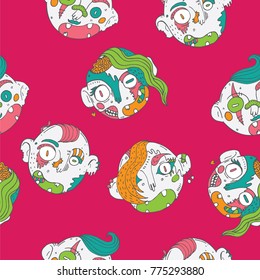 Seamless pattern with lovely zombies in bright colors on vivid pink. Hand drawn vector illustration in doodle style