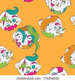 Seamless pattern with lovely zombies in bright colors on vivid yellow background. Hand drawn vector illustration in doodle style.