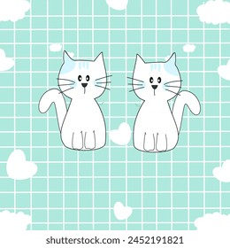 seamless pattern with lover cats, cloud, lines and mini heart so lovely on pastel green color background for gift, wallpaper and print so cute.