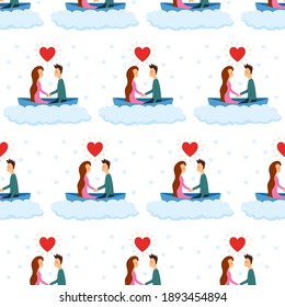 Seamless pattern lover couple holding a hand in boat on cloud with hearts. Design for poster, wrapping  paper, fabric, web, card, party, invitation, wallpaper, wedding, Valentine's day.