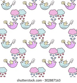 Seamless pattern of the lovers of birds and clouds