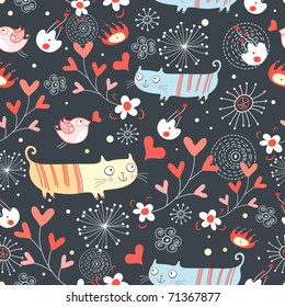 Seamless pattern with lovers cats and birds