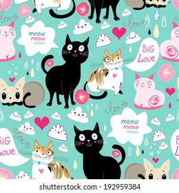 Seamless pattern with lovers cats on green background 