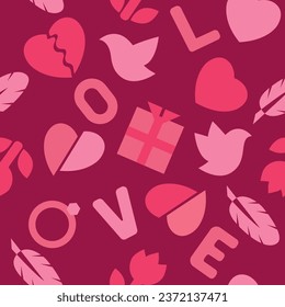 Seamless pattern of lovers with elements of heart, gift, ring, prince, broken heart. A romantic set in a delicate color palette of pink, coral, peach and red on a red background. Suitable for home dec