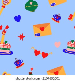 Seamless pattern for lovers' holiday sweets, glasses, hearts, envelope For packaging, website, textiles.