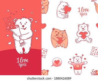 Seamless pattern with loving bears on a white background. Valentine's card for the holiday. vector illustration.