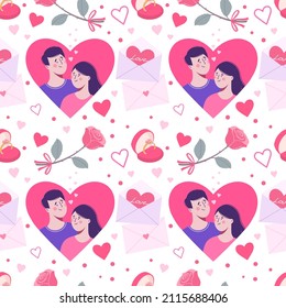 Patrón sin inconfundibles amando a una hermosa pareja con corazones y rosa. Concepto de relaciones románticas y Día de San Valentín.	