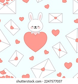 Seamless pattern of a loving bunny with a big heart with love letters on a blue background in kawaii style.