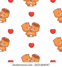 Nahtloses Muster mit liebendem Paar Bär auf weißem Hintergrund mit Herzen. Die wilde Kawaii-Tierfrau in Blumenkranz und Jungcharakter. Vektorgrafik. romantischer valentiner Hintergrund