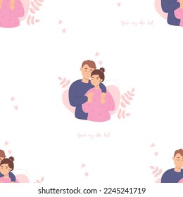 Seamless pattern with loving couple. Happy people hugging on white background. Vector illustration. Youre my other half. Romantic endless background for valentine, packaging, textiles, printing