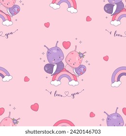 Seamless pattern with loving couple snails on rainbow on pink background with hearts. Funny kawaii insect girl and boy character. Vector illustration. romantic valentine backdrop I love you