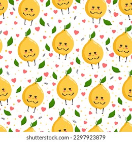 Patrón sin foco con limones amorosos con ojos cardíacos. Concepto de amor de verano