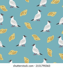 Seamless pattern lseashell and gull on blue background. Cute baby print with birds and shells. Beautiful template for kids textile design. Suitable for wallpaper, paper, fabric. Vector illustration