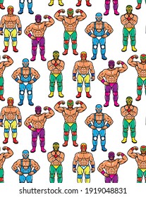 Seamless Pattern with Lucha Libre Characters. Mexican Wrestler Fighters in Mask. Vector Illustration.