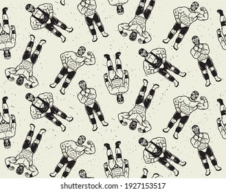 Seamless Pattern with Lucha Libre Characters. Mexican Wrestler Fighters in Mask. Vector Illustration.