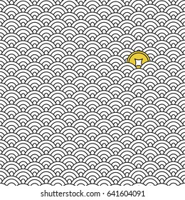 Seamless pattern with lucky gold Chinese coin. Japanese motif background. White and black vector texture. Abstract waves.