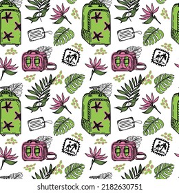 Seamless pattern of luggage bags and tropical elements, hand-drawn in sketch style. Hawaii. Leaves and flowers. Large suitcase, small bag - hand luggage, handbag. Luggage. Summer.