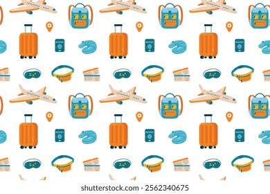 Seamless pattern with luggage and travel icons. Vector illustration.