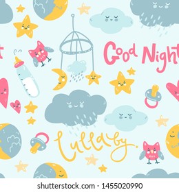 Seamless Pattern With Lullaby Good Night Elements, Moon, Clouds, Star, Baby Bottle And Toys. Vector Nighty Night Illustration.