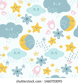 Seamless Pattern With Lullaby Good Night Elements, Moon, Clouds, Star, Rain And Flowers. Vector Nighty Night Illustration.