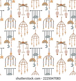 Seamless Pattern Lullaby Mobile. Baby Shower Scandinavian pastel wallpaper. Textile fabric design for kids. Flat bohemian vector neutral background paper