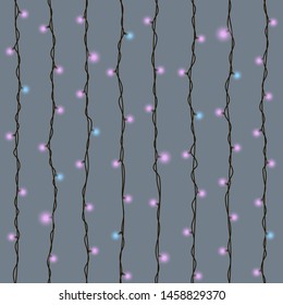 Seamless pattern with luminous garlands. Endless background with wires and light bulbs.