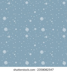 Patrón sin foco de copos de nieve luminosos en un fondo azul. Ilustración nevadora de invierno, textura vectorial de vacaciones. Feliz Navidad y Feliz Año Nuevo. Repetir el diseño útil para imprimir, cubrir. Vector 