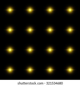 Seamless pattern of luminous stars. Illusion of light flashes. Yellow flames on a black background. Abstract background. Vector illustration. 