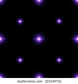 Seamless pattern of luminous stars. Illusion of light flashes. Purple flames on a black background. Abstract background. Vector illustration. 