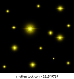 Seamless pattern of luminous stars. Illusion of light flashes. Yellow flames on a black background. Abstract background. Vector illustration. 
