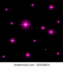 Seamless pattern of luminous stars. Illusion of light flashes. Pink flames on a black background. Abstract background. Vector illustration. 