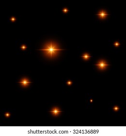 Seamless pattern of luminous stars. Illusion of light flashes. Orange flames on a black background. Abstract background. Vector illustration. 